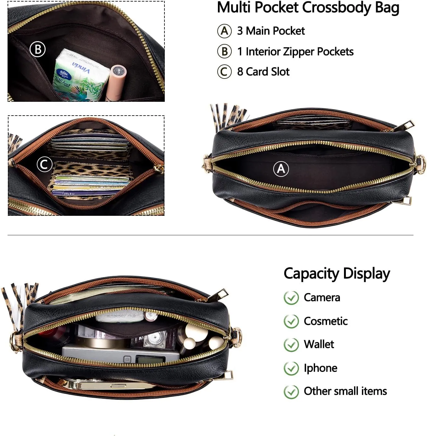 Triple Zip Small Crossbody Bag for women,Wide Strap Cell Phone Purse Shoulder Handbag Wallet with Credit Card Slots