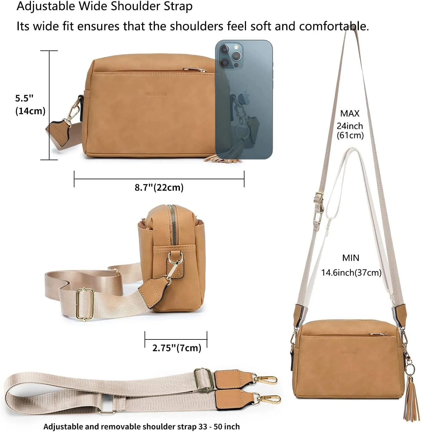 Triple Zip Small Crossbody Bag for women,Wide Strap Cell Phone Purse Shoulder Handbag Wallet with Credit Card Slots