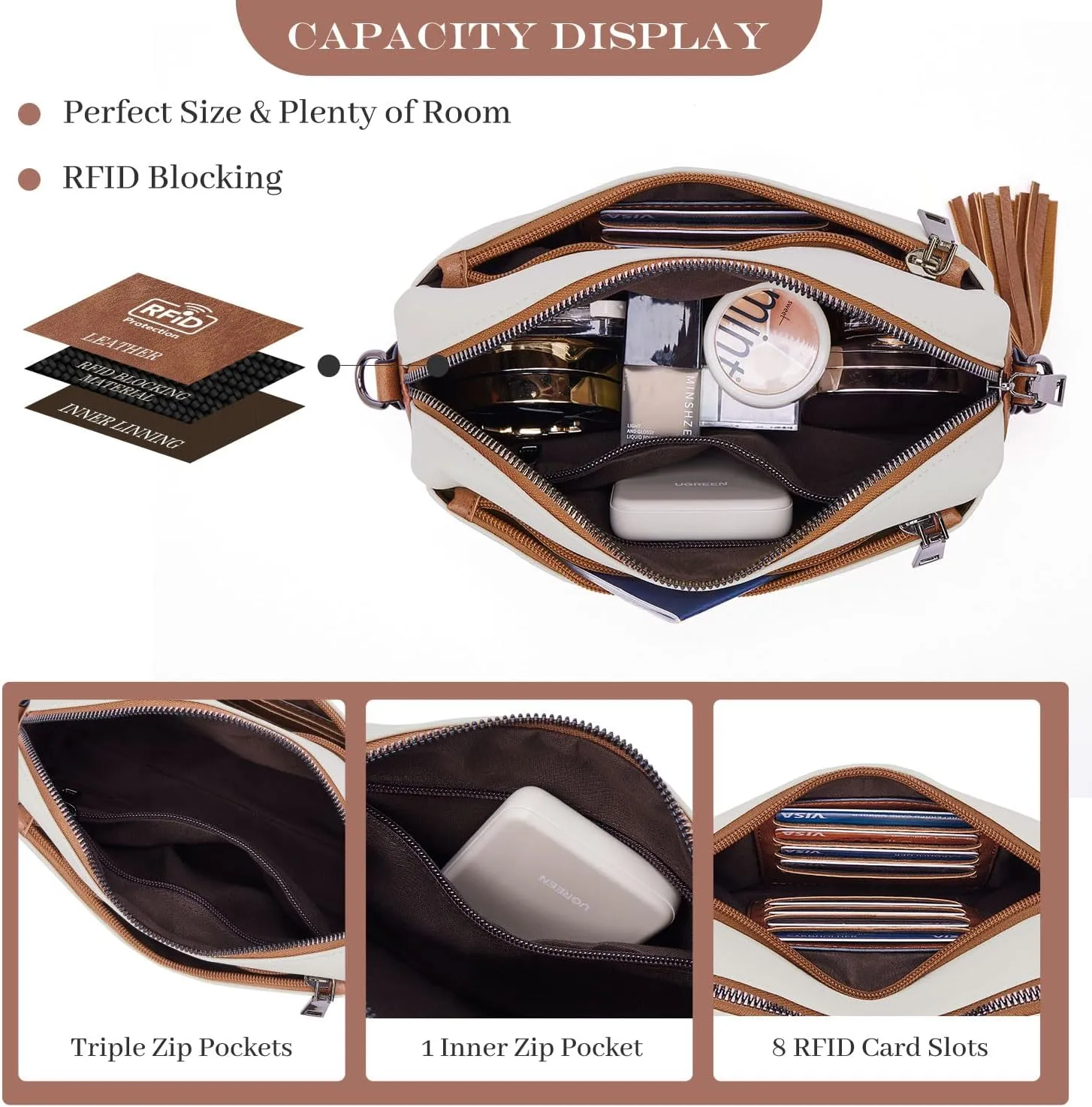 Triple Zip Small Crossbody Bag for women,Wide Strap Cell Phone Purse Shoulder Handbag Wallet with Credit Card Slots