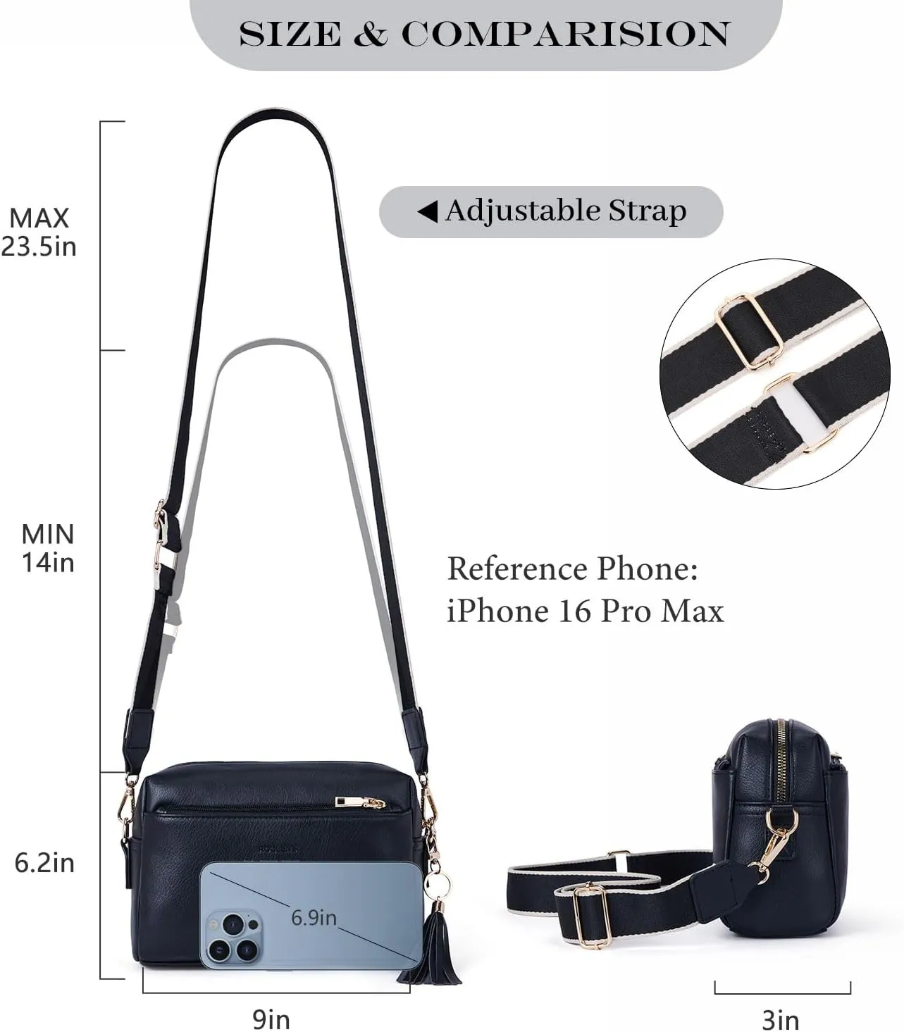 Triple Zip Small Crossbody Bag for women,Wide Strap Cell Phone Purse Shoulder Handbag Wallet with Credit Card Slots