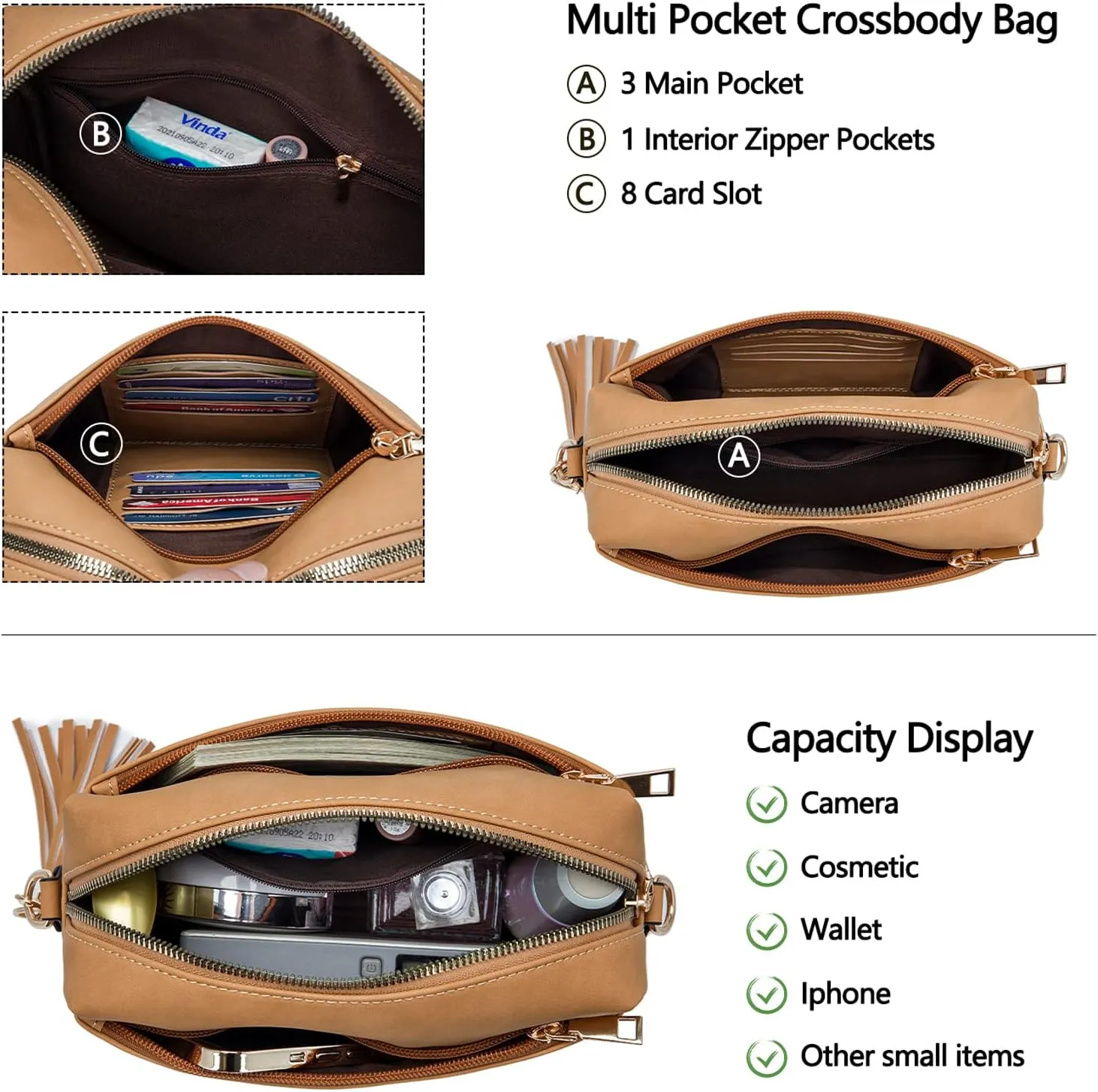 Triple Zip Small Crossbody Bag for women,Wide Strap Cell Phone Purse Shoulder Handbag Wallet with Credit Card Slots