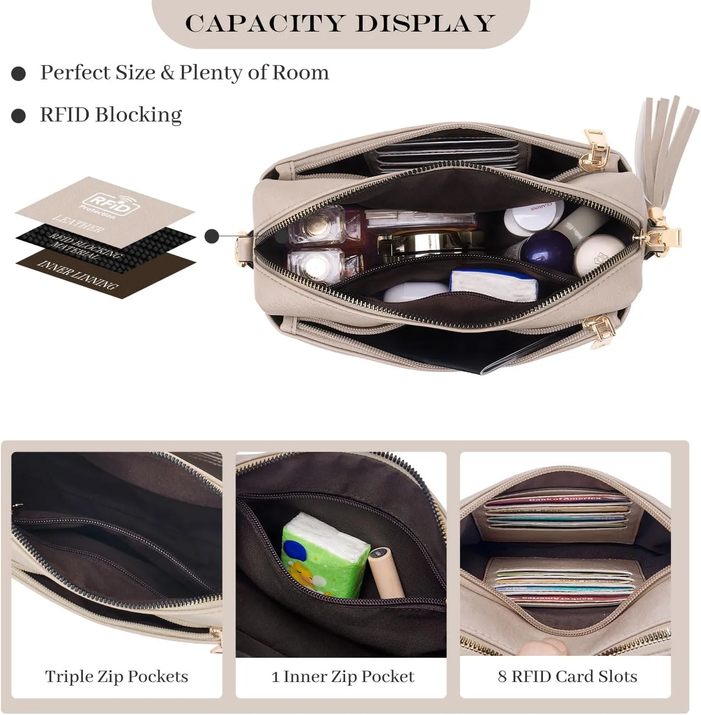 Triple Zip Small Crossbody Bag for women,Wide Strap Cell Phone Purse Shoulder Handbag Wallet with Credit Card Slots
