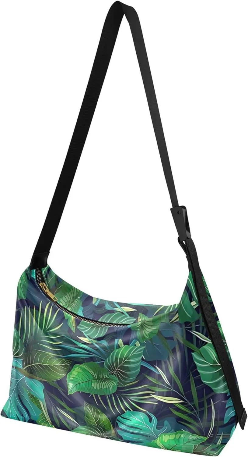 Tropical leaf Palm Monstera Green Hobo Women Handbag Leather Large Crossbody Bag Soft Animal Print Womens Fall Purses