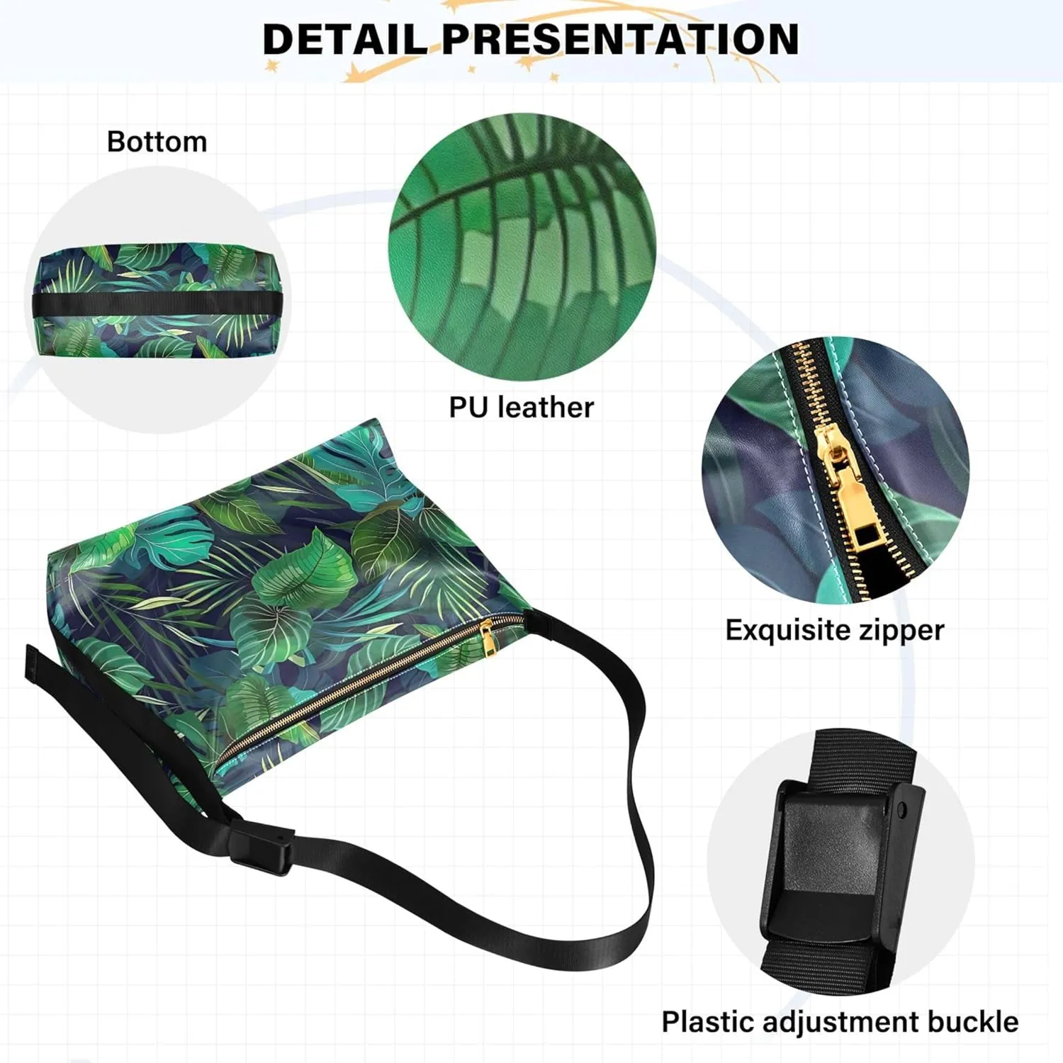 Tropical leaf Palm Monstera Green Hobo Women Handbag Leather Large Crossbody Bag Soft Animal Print Womens Fall Purses