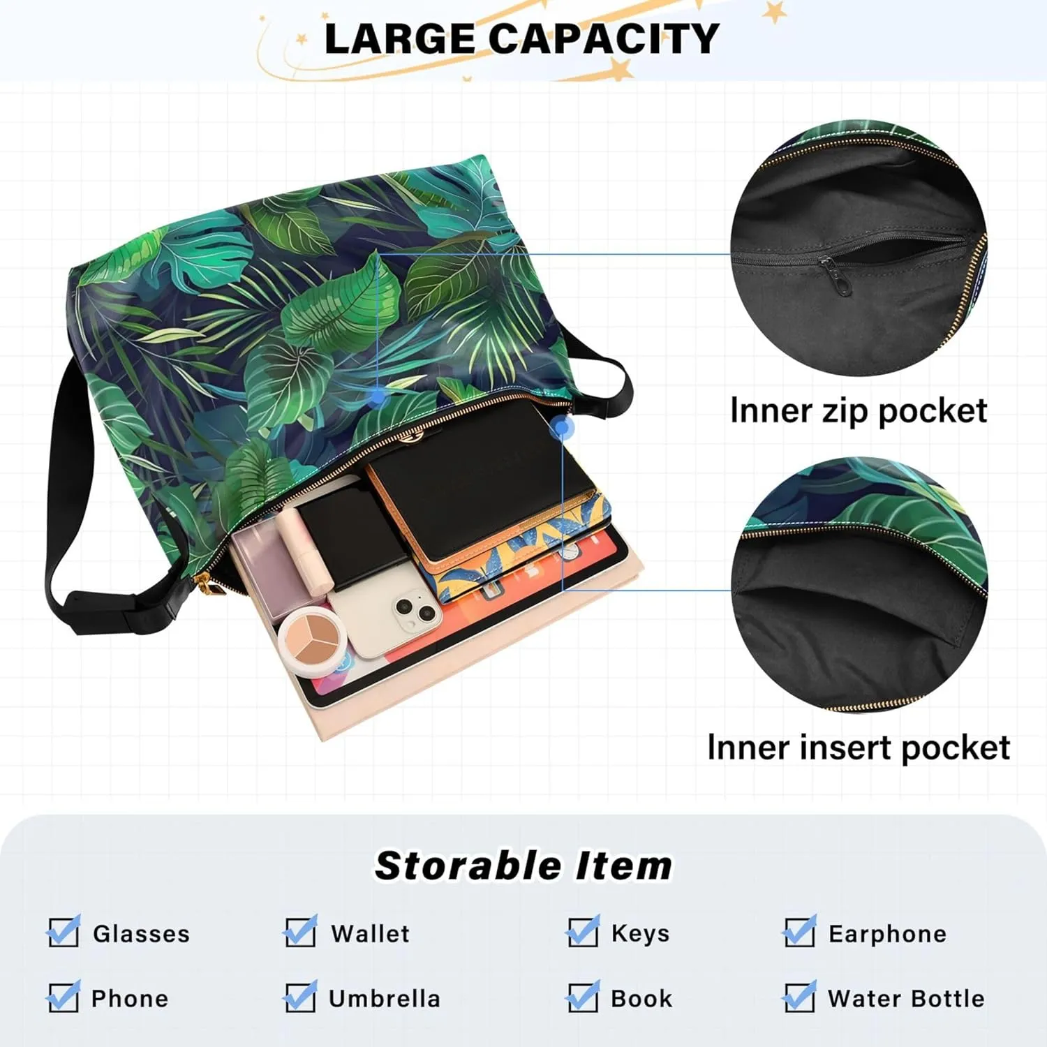 Tropical leaf Palm Monstera Green Hobo Women Handbag Leather Large Crossbody Bag Soft Animal Print Womens Fall Purses