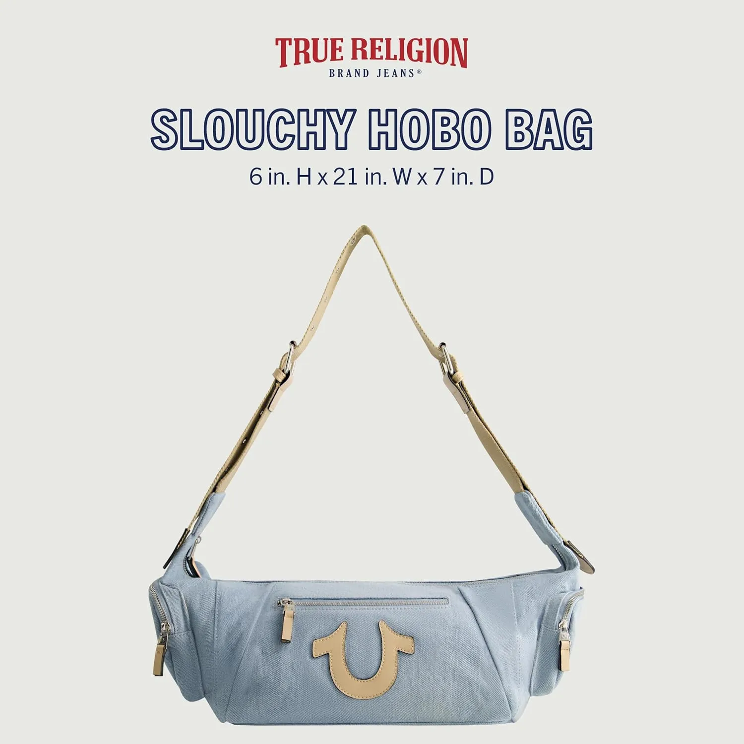 True Religion Women's Shoulder Bag Purse, Slouchy Hobo Handbag with Adjustable Strap and Horseshoe Logo