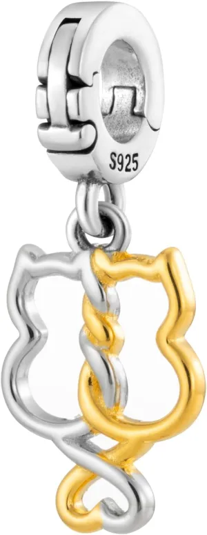 Two Sitting Cats Heart Multi-Clasp Clip On Pendant 14K Gold Plated & 925 Sterling Silver Charm For Pandora & Other Charm Bracelets/Necklaces