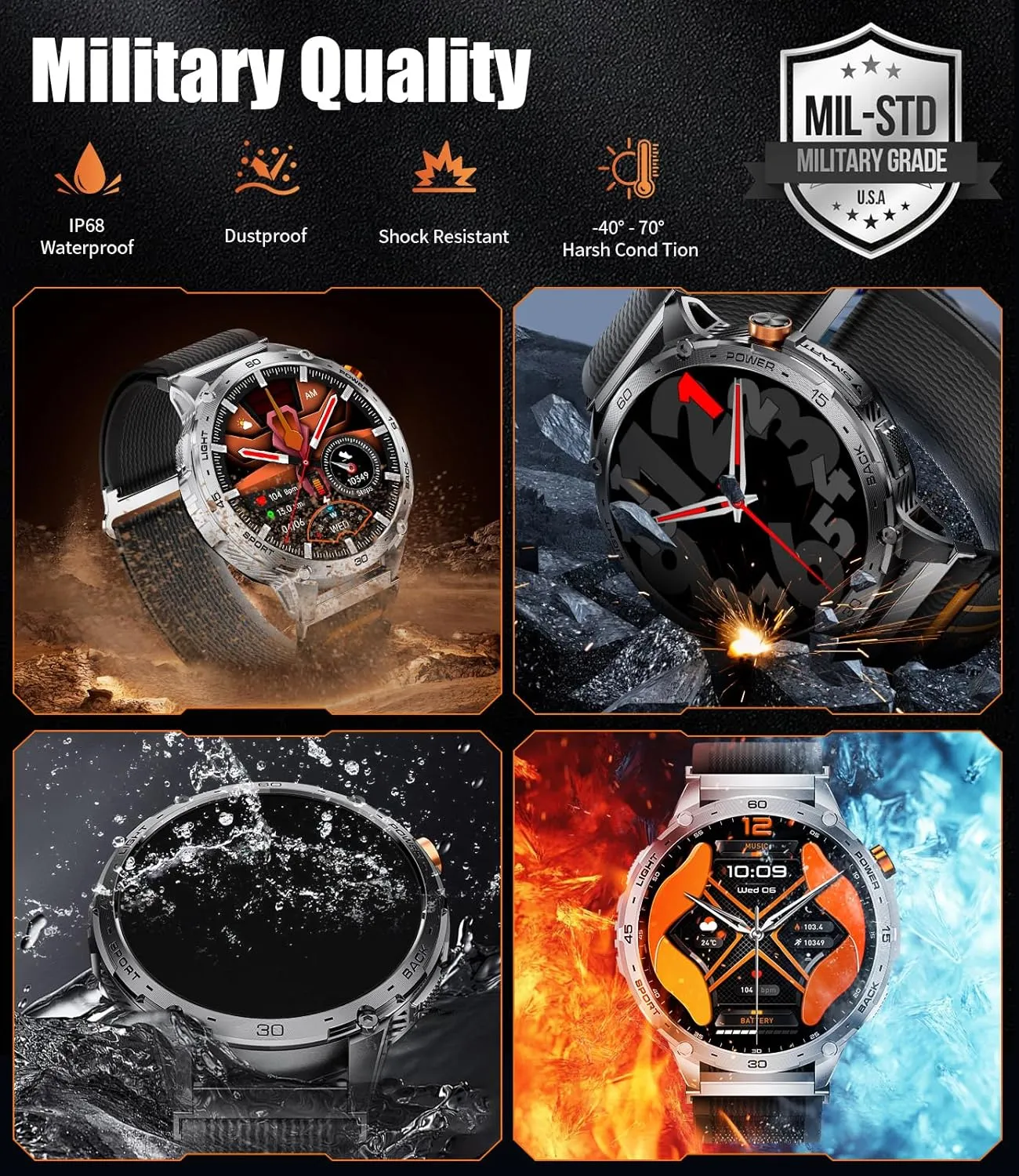 TX2 Smart Watch for Men with LED Flashlight(730mAh Battery), 1,75'' AMOLED Large Display Military Smart Watches with 130  Sports, 24/7 Heart Rate/Sleep Monitor IP68 Waterproof for Android iOS