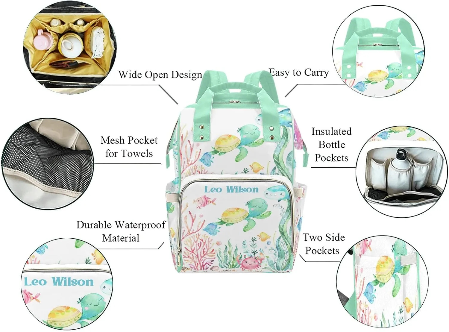 Under the Sea Turtle Jellyfish Personalized Name Diaper Bag Backpack,Custom Travel DayPack for Nappy Mommy Bag Gift