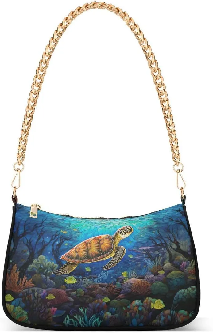 Underwater Sea Turtle Fish Tote Bag Hobo Handbag for Women Ladies Shoulder Bag Mini Clutch Purse with Zipper Closure