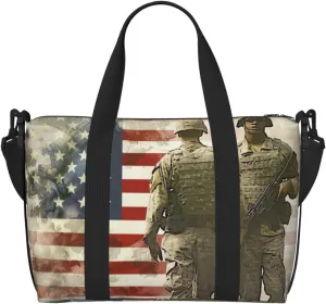 US Military Soldiers Patriotic Memorial Day Printed Travel Duffel Bag for Men Women Shoulder Weekender Overnight Bags for for Beach Swim Sports Gym