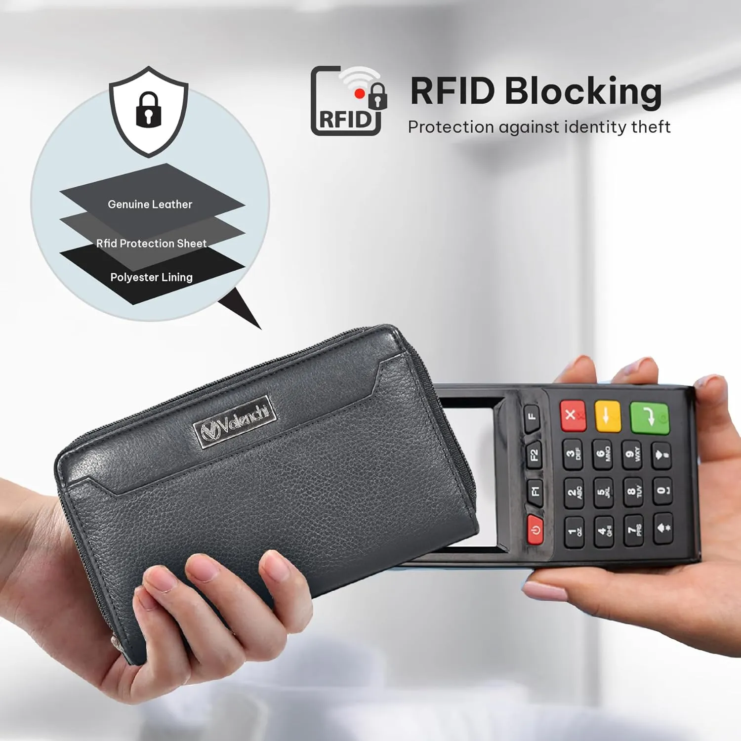 VALENCHI Leather Wallet For Women RFID Blocking Slim Minimalist Ladies Long Clutch Purse Organizer Credit Card Holder Slots with Zipper Pocket (Black Nappa Soft)