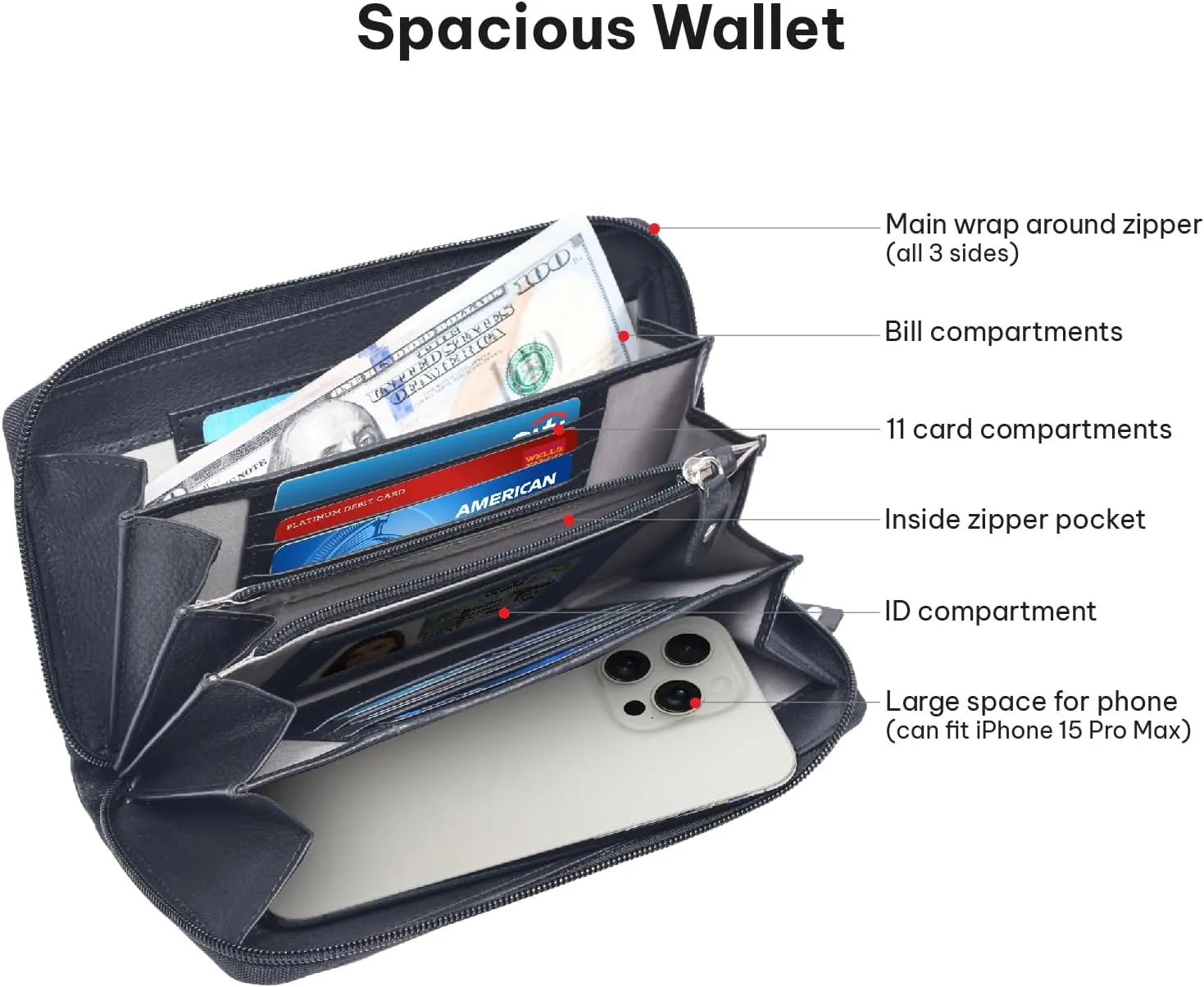 VALENCHI Leather Wallet For Women RFID Blocking Slim Minimalist Ladies Long Clutch Purse Organizer Credit Card Holder Slots with Zipper Pocket (Black Nappa Soft)