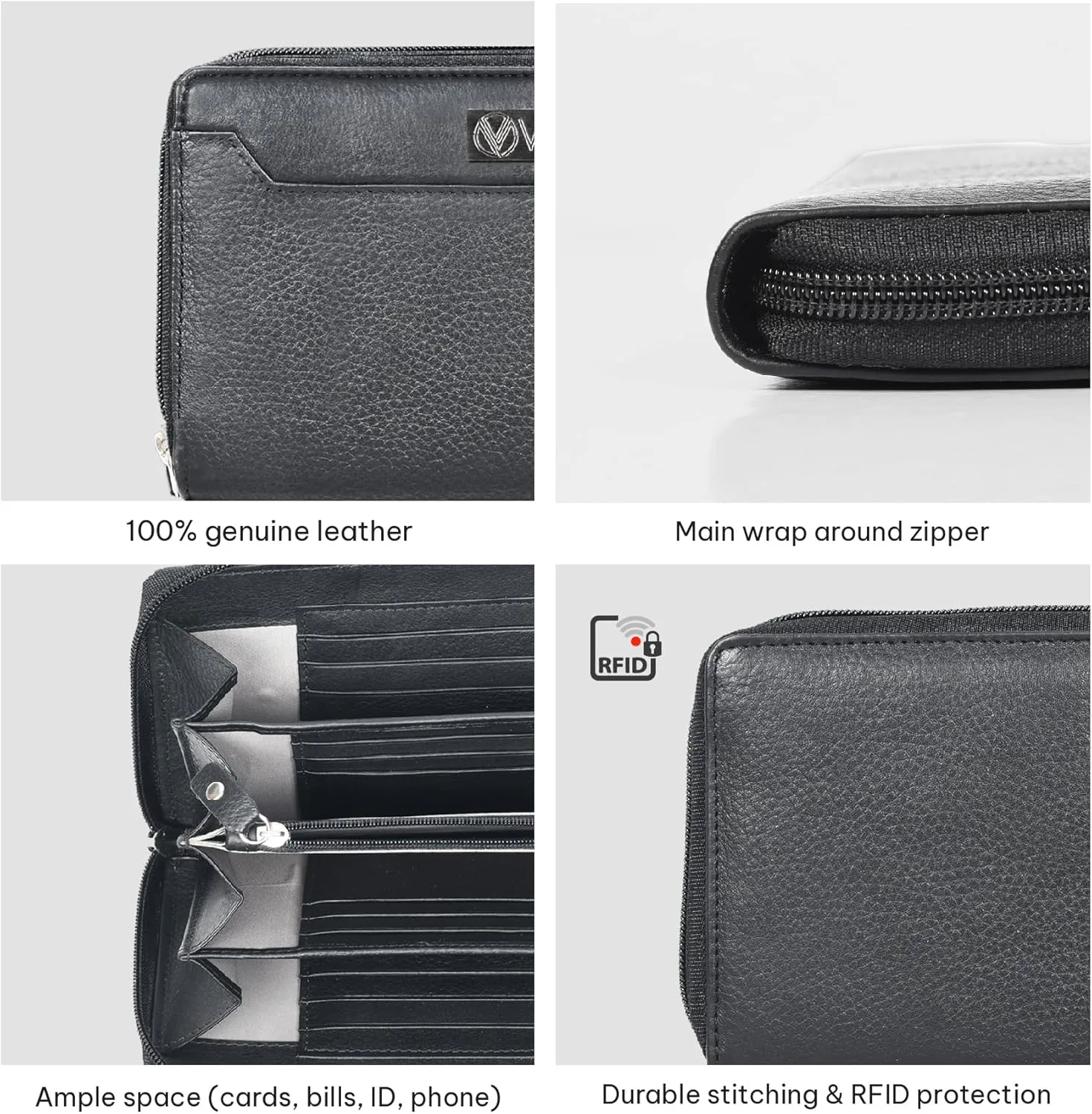 VALENCHI Leather Wallet For Women RFID Blocking Slim Minimalist Ladies Long Clutch Purse Organizer Credit Card Holder Slots with Zipper Pocket (Black Nappa Soft)