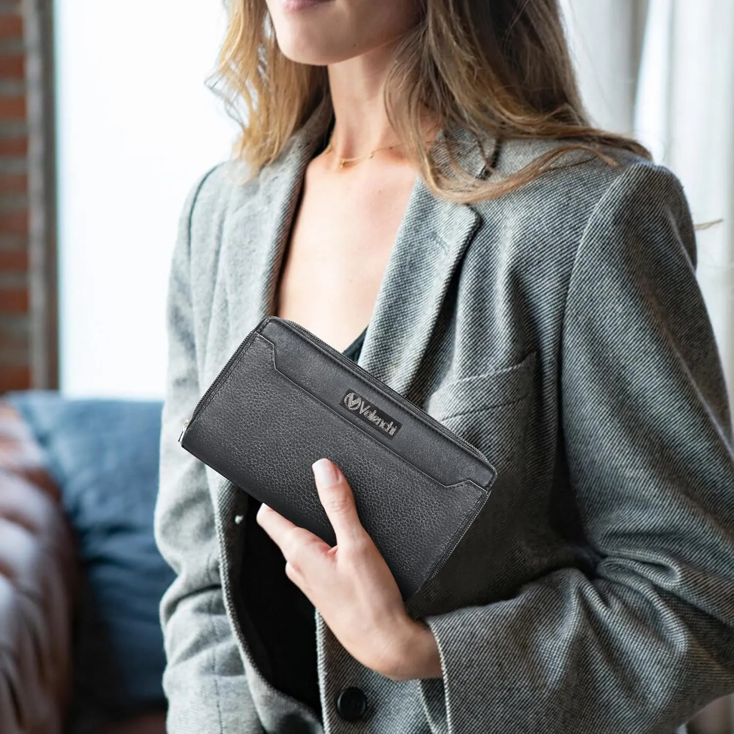 VALENCHI Leather Wallet For Women RFID Blocking Slim Minimalist Ladies Long Clutch Purse Organizer Credit Card Holder Slots with Zipper Pocket (Black Nappa Soft)