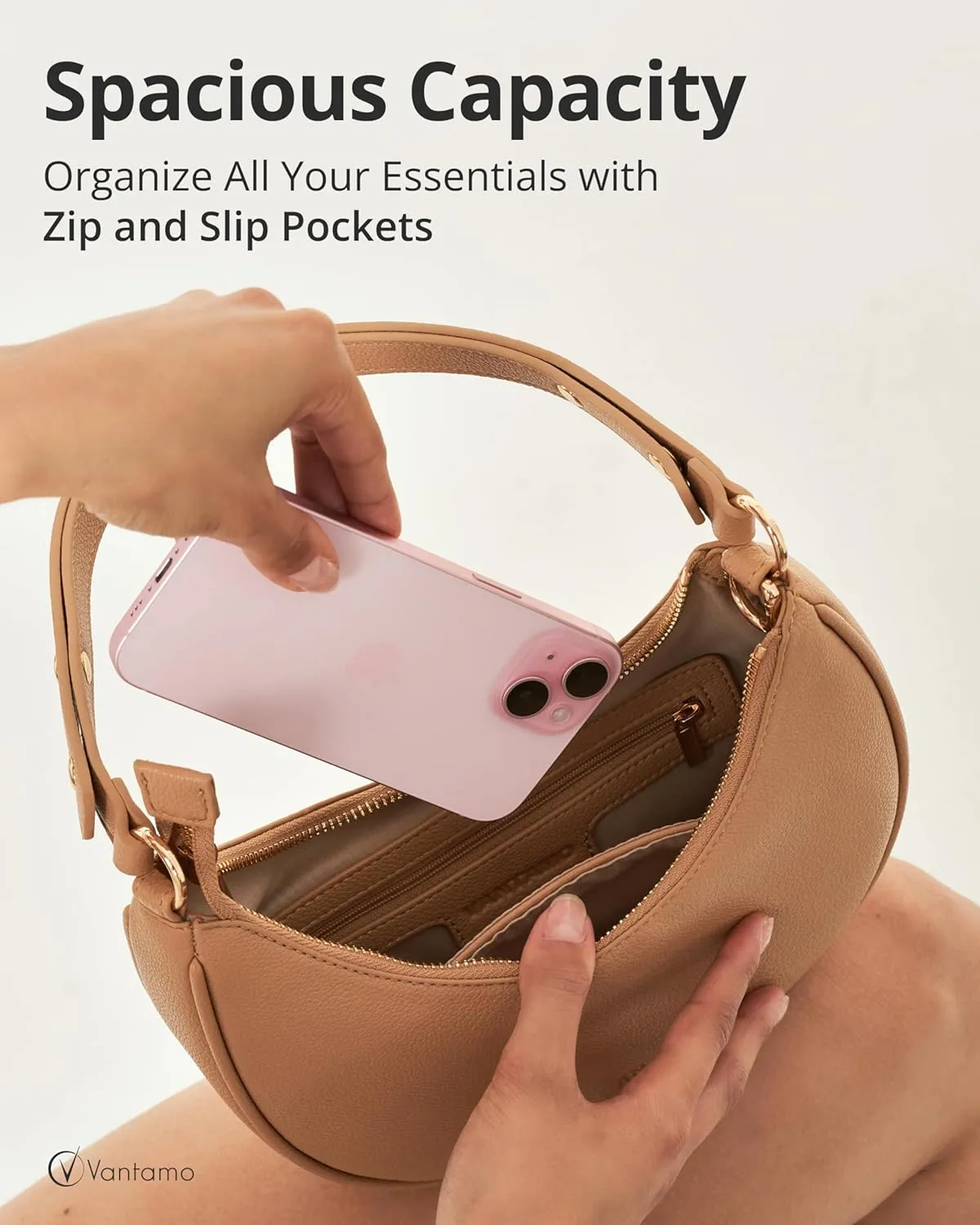 Vantamo Crescent Bags For Women with RFID Protection, Half Moon Clutch Purses for Women with Anti-Theft Clip for Extra Safety
