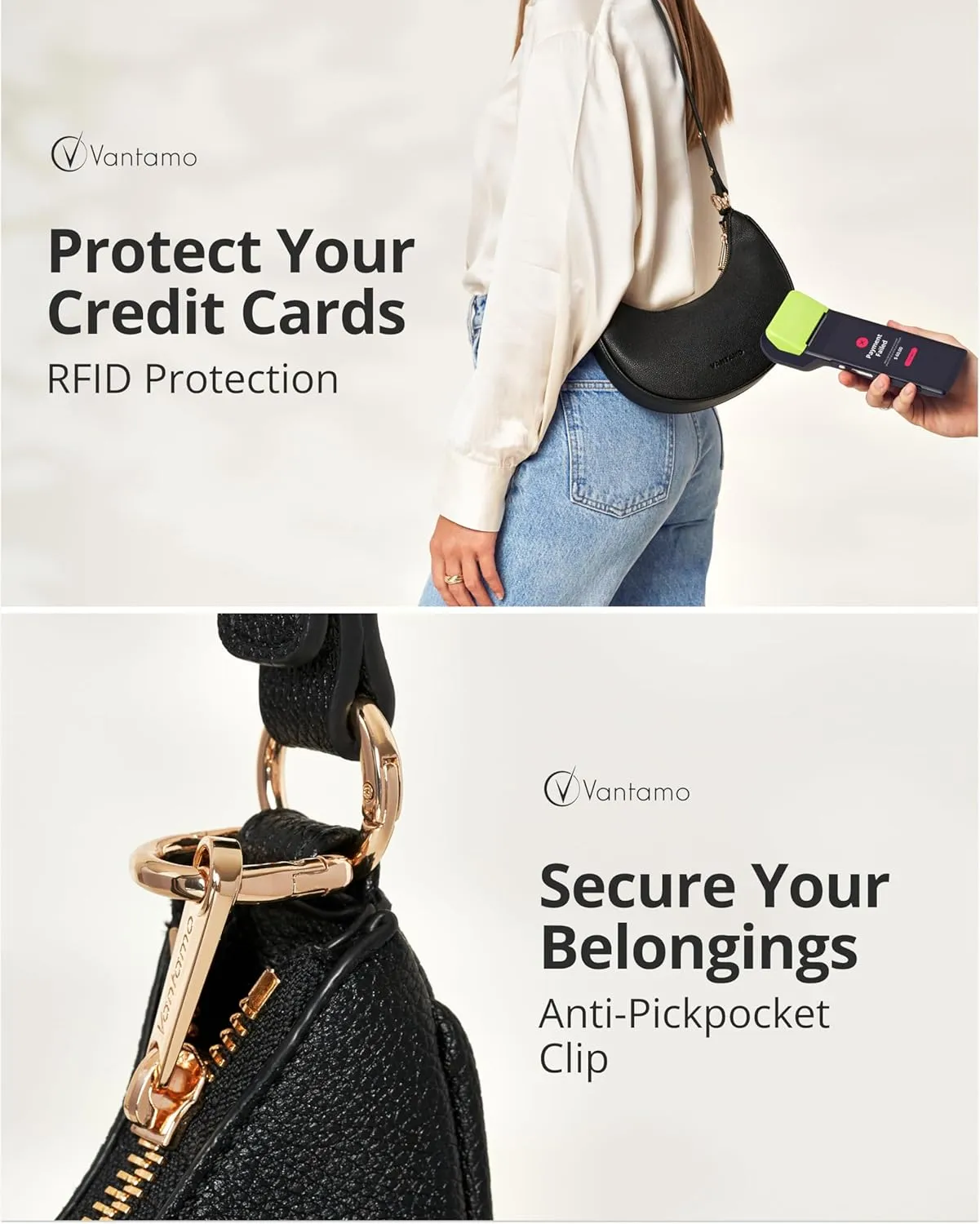 Vantamo Crescent Bags For Women with RFID Protection, Half Moon Clutch Purses for Women with Anti-Theft Clip for Extra Safety