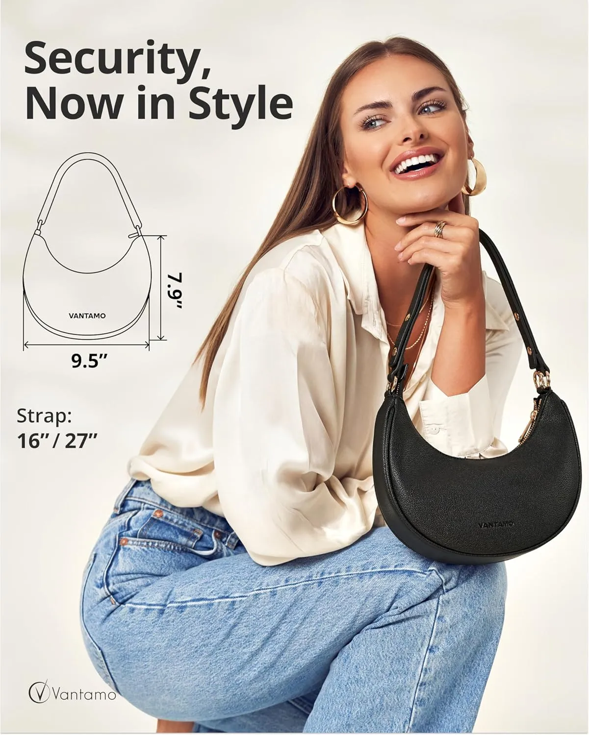 Vantamo Crescent Bags For Women with RFID Protection, Half Moon Clutch Purses for Women with Anti-Theft Clip for Extra Safety