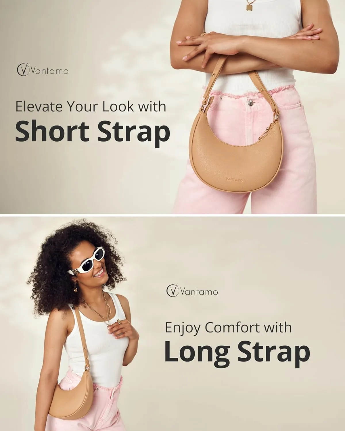 Vantamo Crescent Bags For Women with RFID Protection, Half Moon Clutch Purses for Women with Anti-Theft Clip for Extra Safety