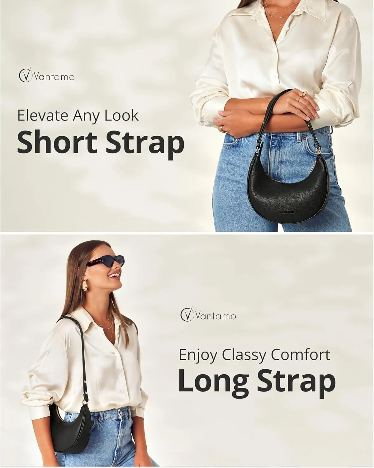 Vantamo Crescent Bags For Women with RFID Protection, Half Moon Clutch Purses for Women with Anti-Theft Clip for Extra Safety
