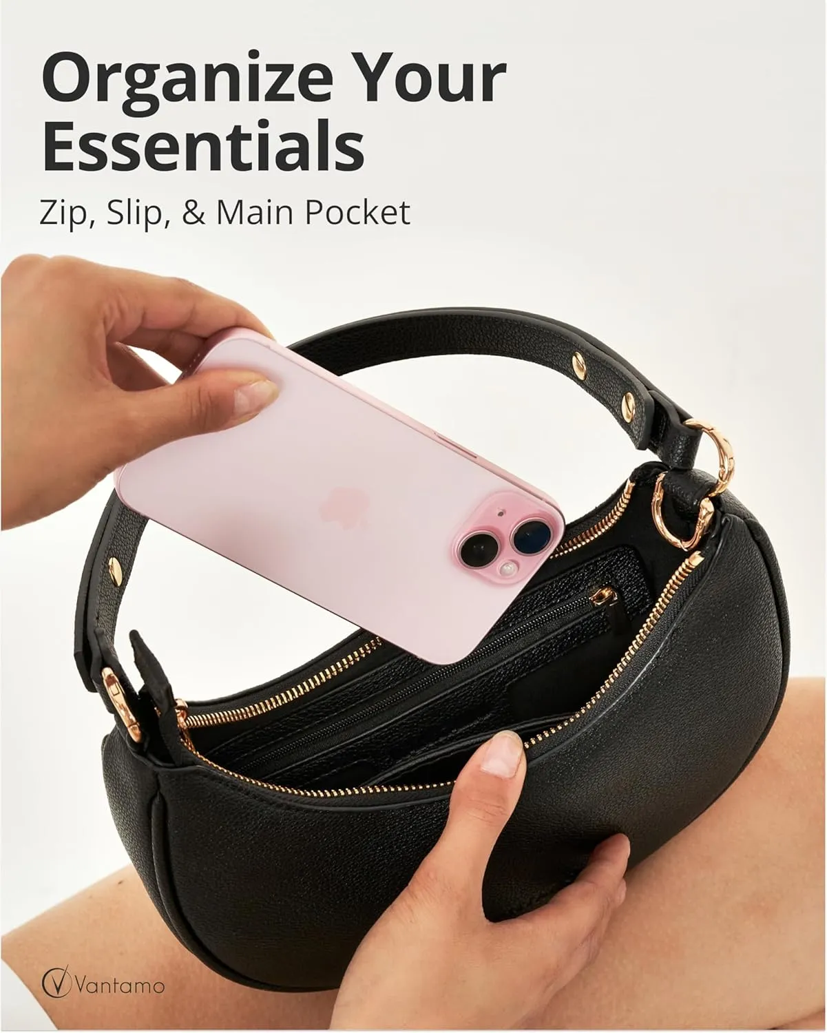 Vantamo Crescent Bags For Women with RFID Protection, Half Moon Clutch Purses for Women with Anti-Theft Clip for Extra Safety
