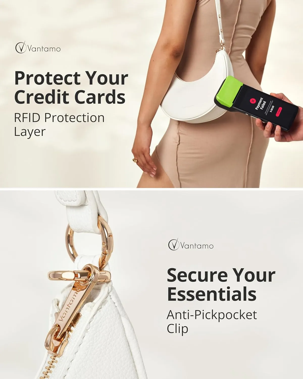 Vantamo Crescent Bags For Women with RFID Protection, Half Moon Clutch Purses for Women with Anti-Theft Clip for Extra Safety