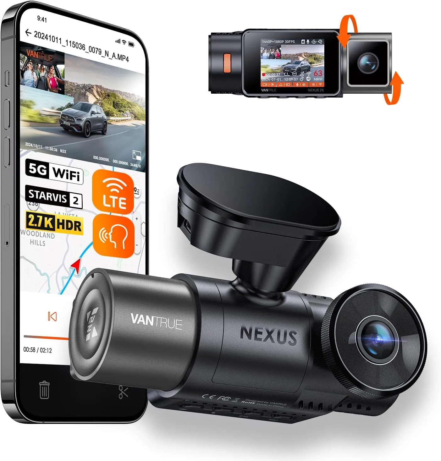 Vantrue N2X 2.7K Uber Dash Cam Front and Inside, 5G WiFi Dual Dash Camera for Car with HDR IR Night Vision, STARVIS 2, GPS, 2.5K/60FPS, LTE Support, 24/7 Parking Mode, Voice Control, Support 512GB Max