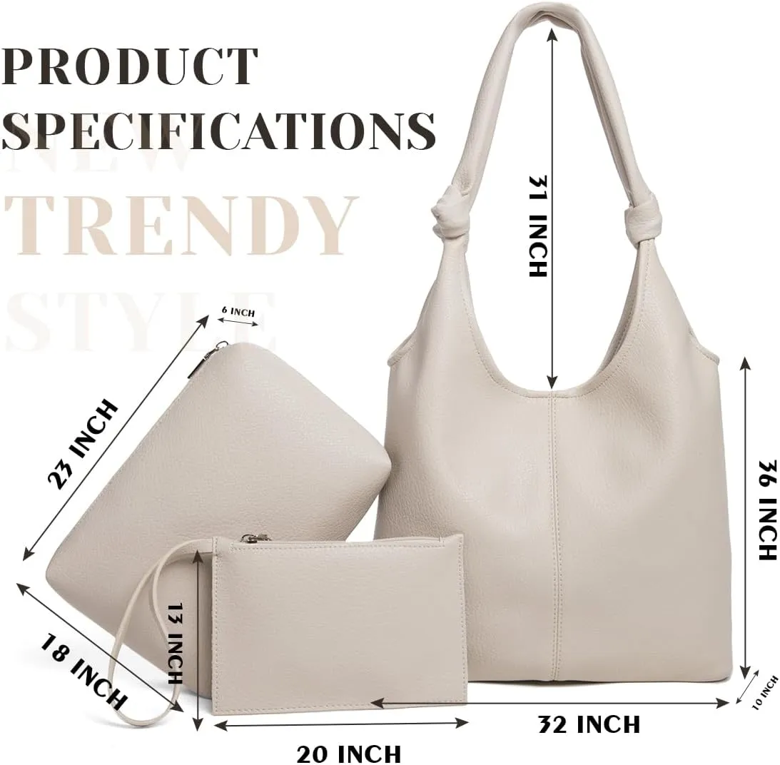 Vegan Leather Hobo Purses set, Slouchy Shoulder Bag Knotted Hobo Bags for Women with a small Purse and Clutch Handbag