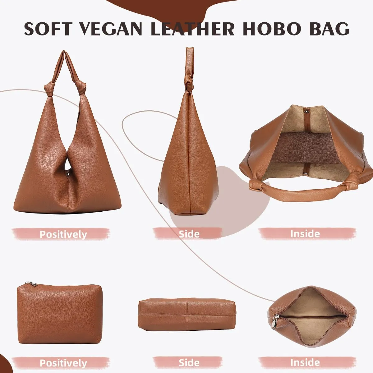 Vegan Leather Hobo Purses set, Slouchy Shoulder Bag Knotted Hobo Bags for Women with a small purse