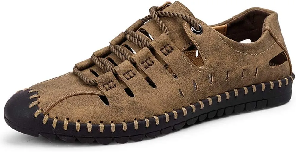 Veslexth Men's Breathable Adjustable Closed Toe Sandals Leather Athletic Outdoor Driving Fisherman for Summer Hiking Sports Business Walking Work Shoes
