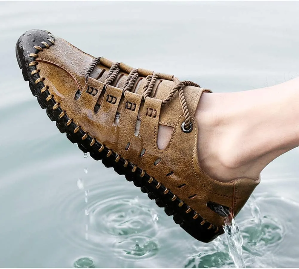 Veslexth Men's Breathable Adjustable Closed Toe Sandals Leather Athletic Outdoor Driving Fisherman for Summer Hiking Sports Business Walking Work Shoes