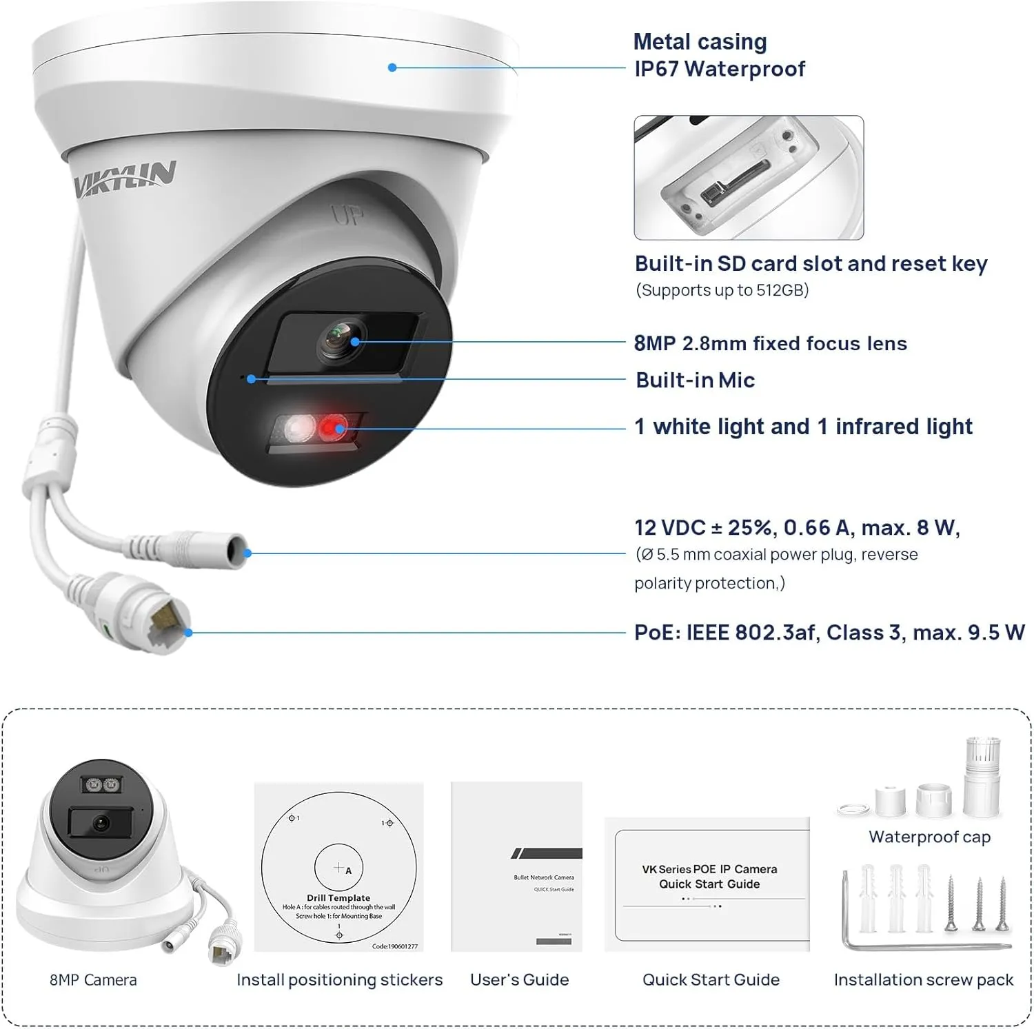 VIKYLIN 4K 8MP IP POE Camera,Hikconnect/SADP/iVMS4200,Smart Hybrid Color Night Vision,Outdoor Security Camera with Audio, AI Human Vehicle Detection, 2.8mm Lens,SD Card Solt