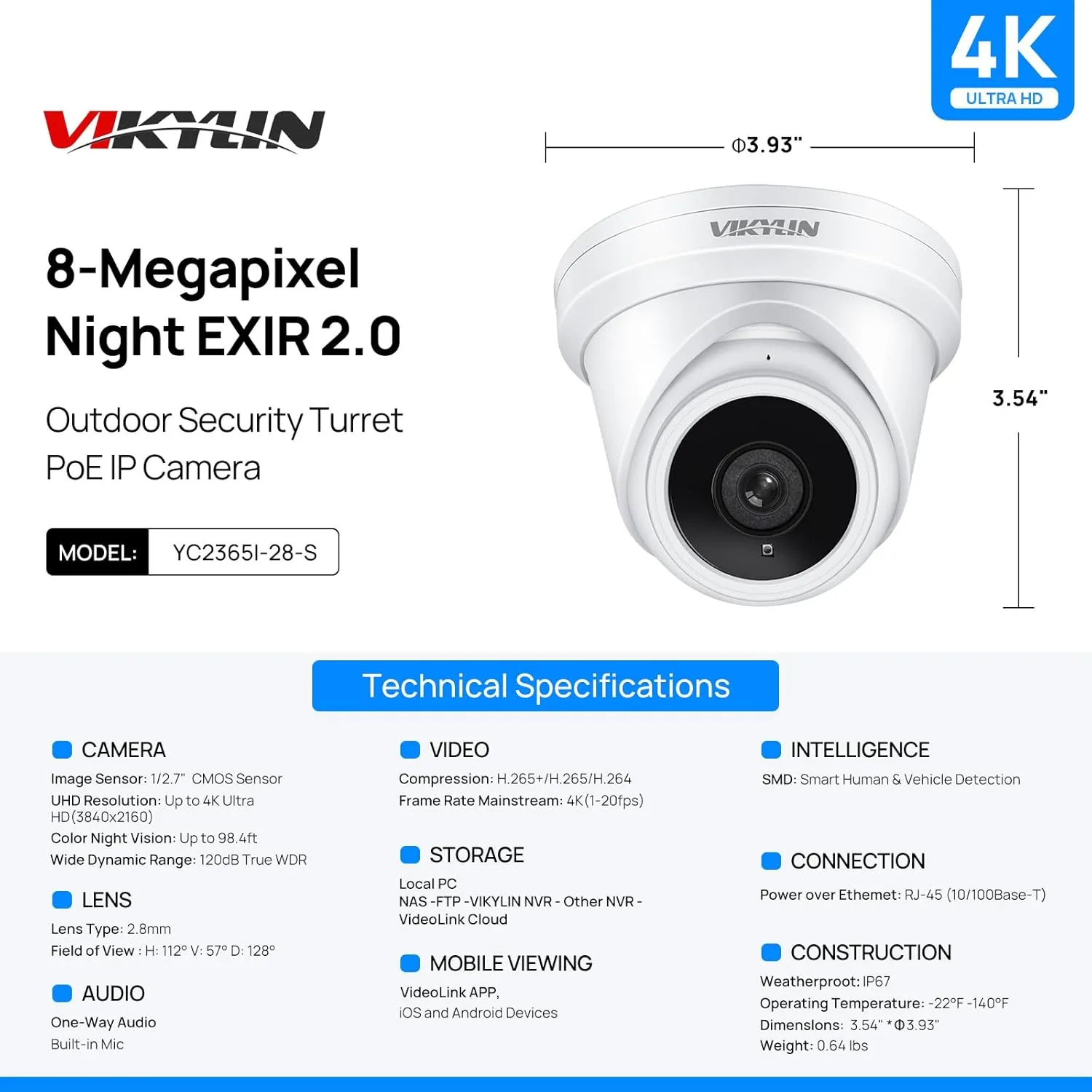 VIKYLIN 4K 8MP PoE IP Camera Outdoor, 4K PoE Turret Camera with Human Vehicle Detection,2.8mm Lens, 98ft EXIR2.0 Night Vision,Built-in Mic, WDR,IP67 Weatherproof, Plug & Play,Blue Iris, NDAA Compliant