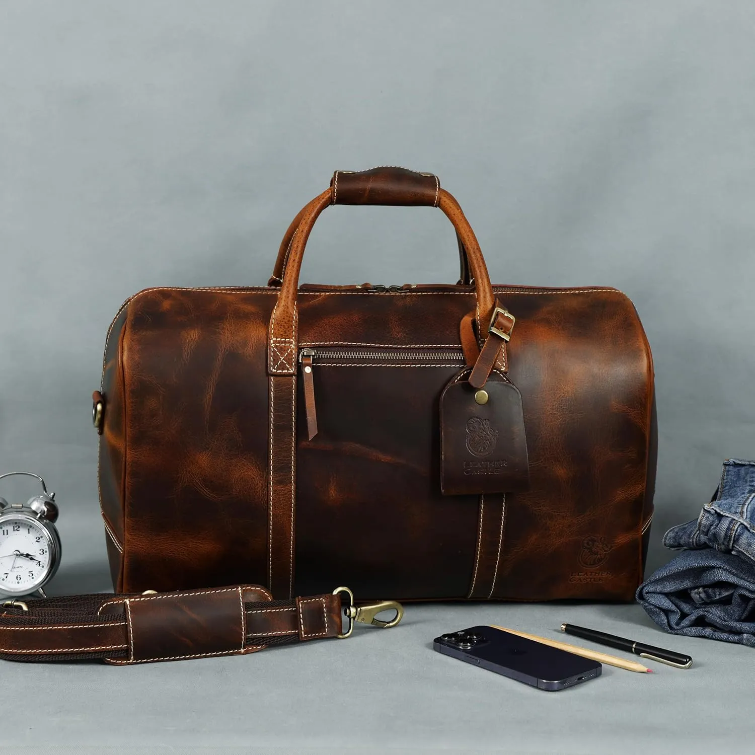 Vintage Leather Duffel Bag for Men | Weekender & Overnight Travel Bag Durable Carry-On with Adjustable Strap Handmade Duffle for Gym, Business & Adventure - 20 Inches (Russet Brown)