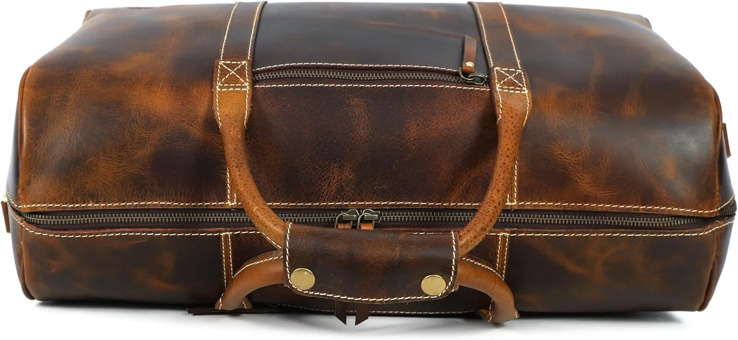 Vintage Leather Duffel Bag for Men | Weekender & Overnight Travel Bag Durable Carry-On with Adjustable Strap Handmade Duffle for Gym, Business & Adventure - 20 Inches (Russet Brown)