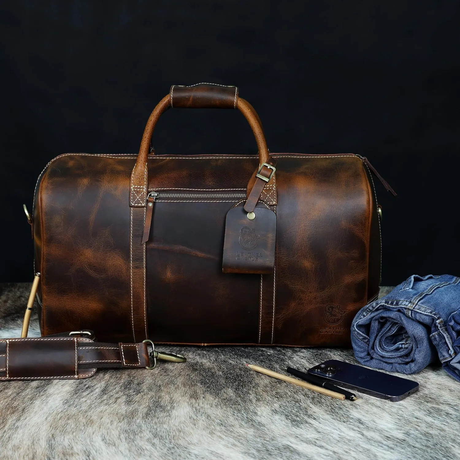 Vintage Leather Duffel Bag for Men | Weekender & Overnight Travel Bag Durable Carry-On with Adjustable Strap Handmade Duffle for Gym, Business & Adventure - 20 Inches (Russet Brown)