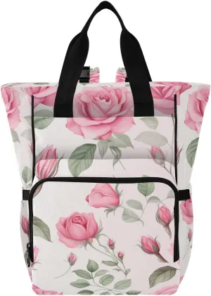 Vintage Watercolor Pink Rose Diaper Bag Backpack for Baby Boys Girls Multifunction Travel Tote with Stroller Straps & Bottle Storage Maternity Travel Bag for Dads Moms Hiking Shopping Traveling
