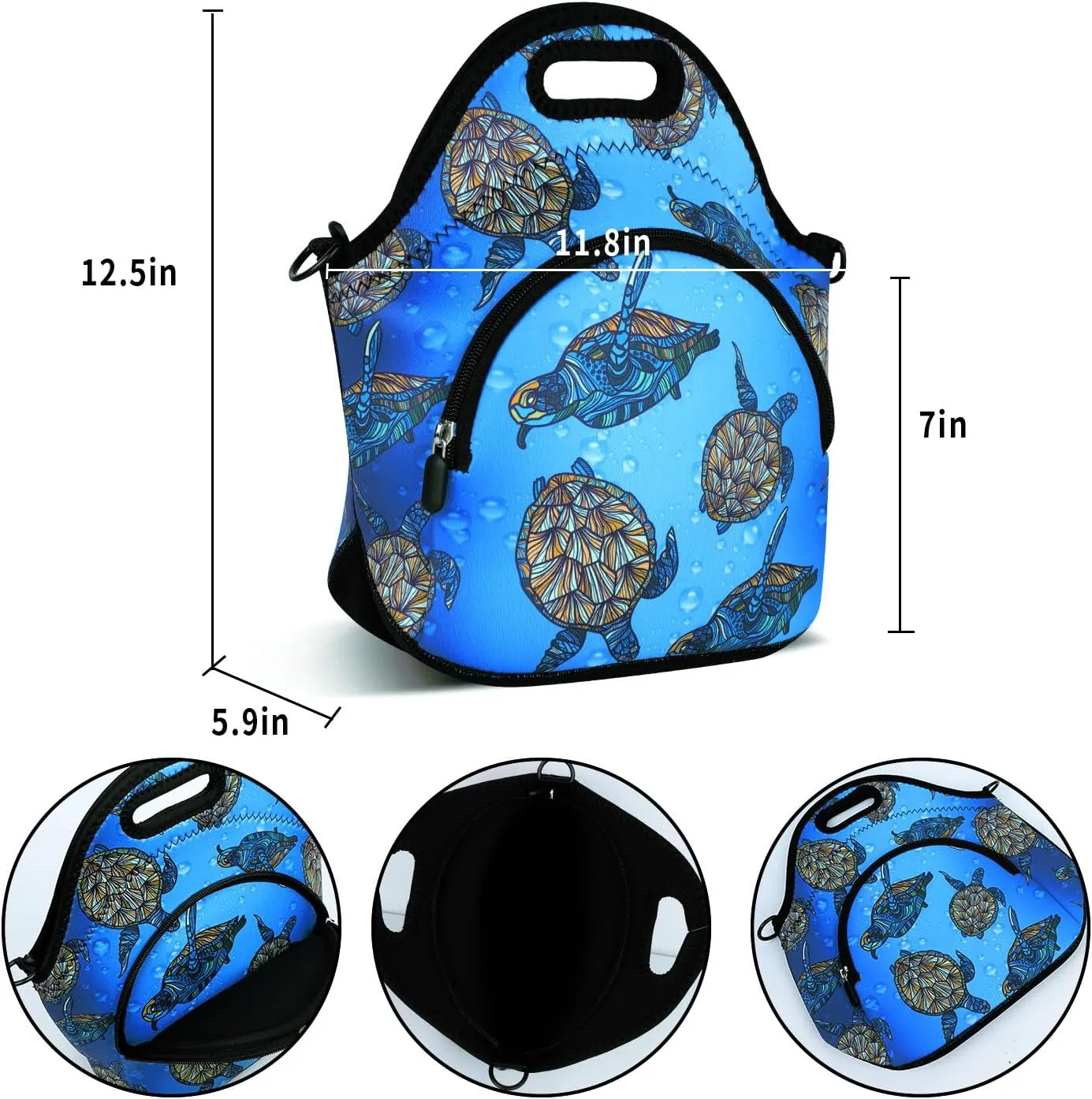 Violet Mist Neoprene Lunch Bags with Adjustable Shoulder Strap Insulated Lunch Handbag for Women Men Adult Thermal Lunch Box with Pockets Reusable Gourmet Bento Bag for Work Picnic Travel, Turtle