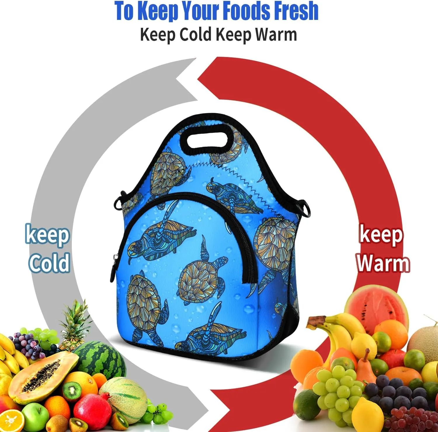 Violet Mist Neoprene Lunch Bags with Adjustable Shoulder Strap Insulated Lunch Handbag for Women Men Adult Thermal Lunch Box with Pockets Reusable Gourmet Bento Bag for Work Picnic Travel, Turtle