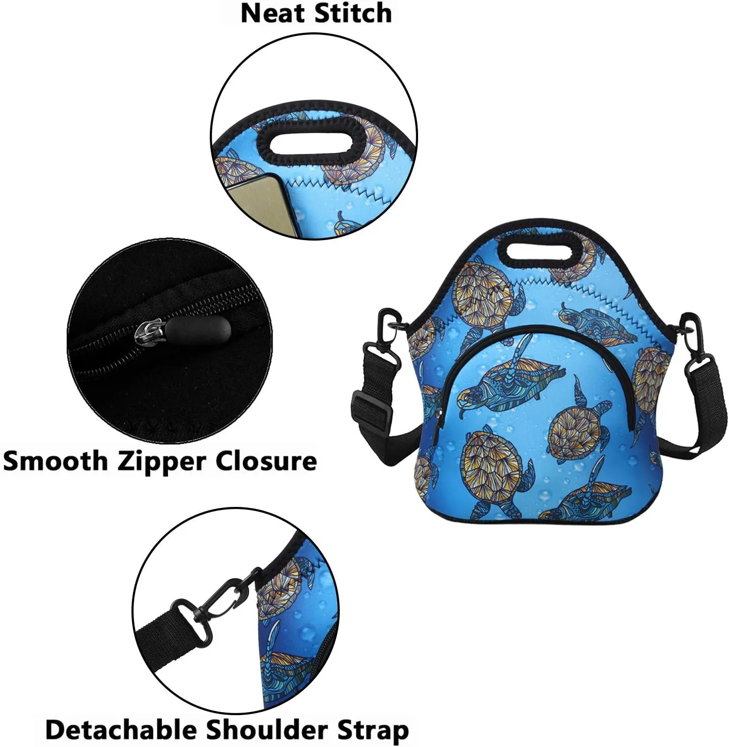 Violet Mist Neoprene Lunch Bags with Adjustable Shoulder Strap Insulated Lunch Handbag for Women Men Adult Thermal Lunch Box with Pockets Reusable Gourmet Bento Bag for Work Picnic Travel, Turtle