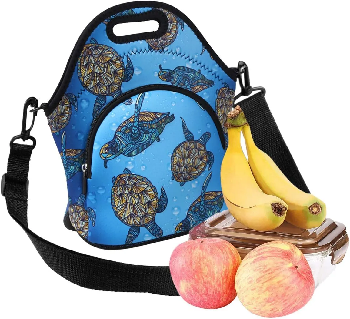 Violet Mist Neoprene Lunch Bags with Adjustable Shoulder Strap Insulated Lunch Handbag for Women Men Adult Thermal Lunch Box with Pockets Reusable Gourmet Bento Bag for Work Picnic Travel, Turtle