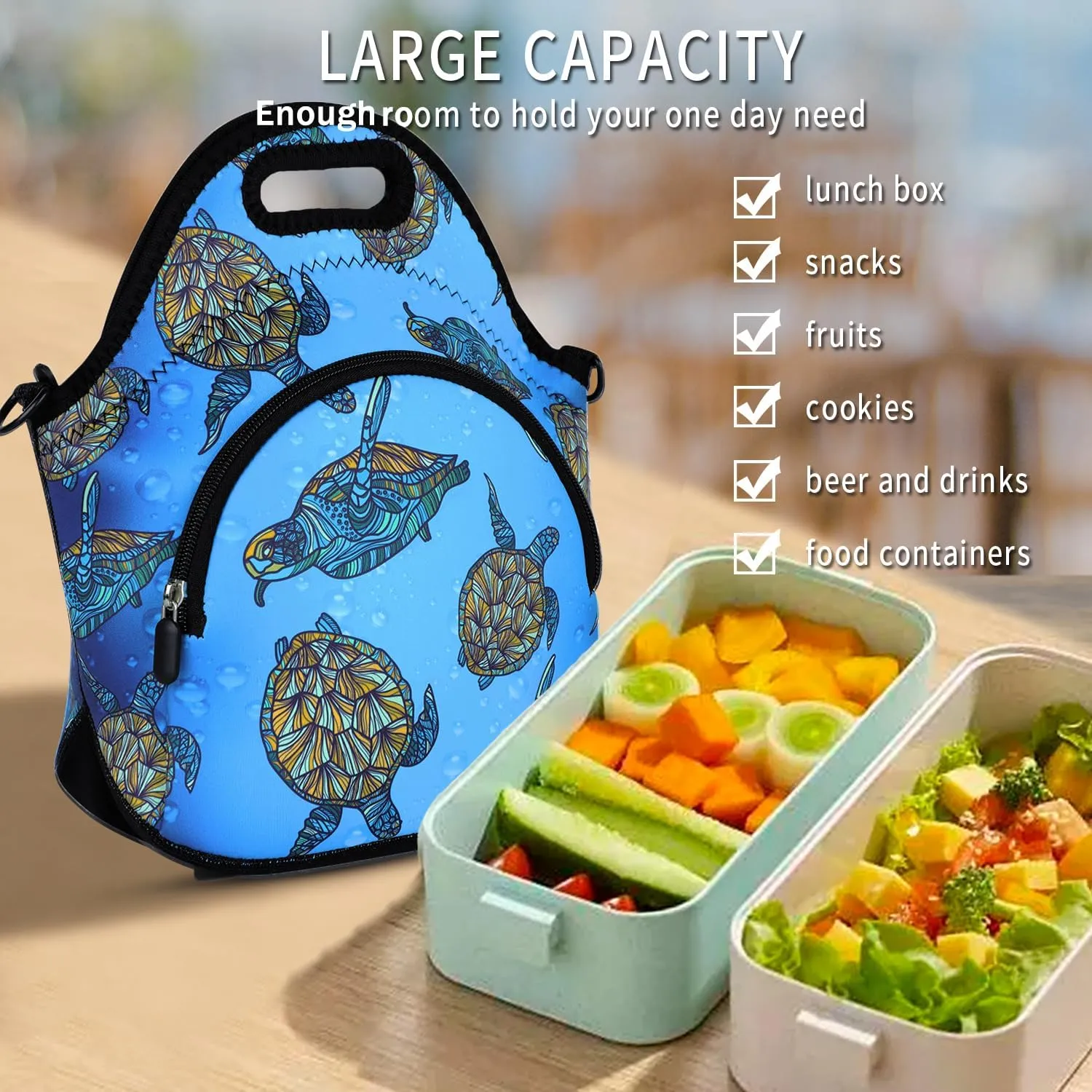 Violet Mist Neoprene Lunch Bags with Adjustable Shoulder Strap Insulated Lunch Handbag for Women Men Adult Thermal Lunch Box with Pockets Reusable Gourmet Bento Bag for Work Picnic Travel, Turtle