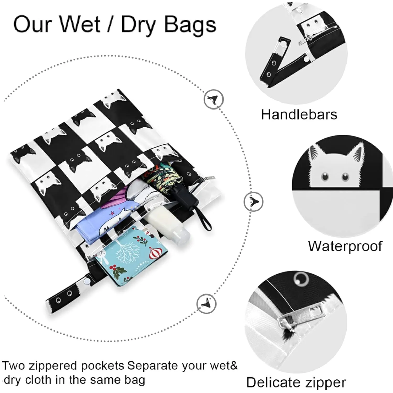 visesunny Funny Black White Cat Grid 2Pcs Wet Bag with Zippered Pockets Washable Reusable Roomy Diaper Bag for Travel,Beach,Daycare,Stroller,Diapers,Dirty Gym Clothes,Wet Swimsuits,Toiletries