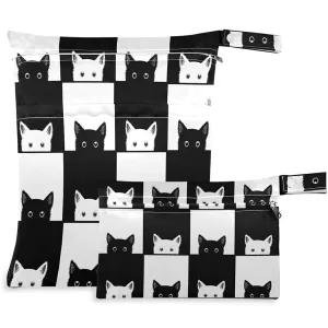 visesunny Funny Black White Cat Grid 2Pcs Wet Bag with Zippered Pockets Washable Reusable Roomy Diaper Bag for Travel,Beach,Daycare,Stroller,Diapers,Dirty Gym Clothes,Wet Swimsuits,Toiletries