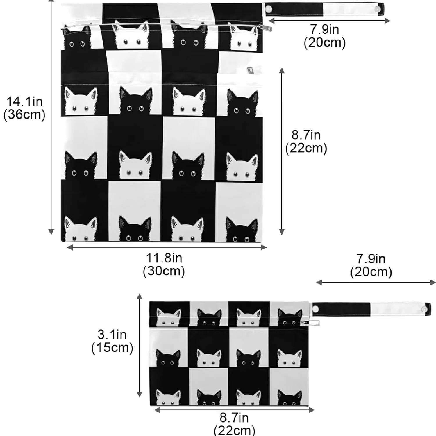 visesunny Funny Black White Cat Grid 2Pcs Wet Bag with Zippered Pockets Washable Reusable Roomy Diaper Bag for Travel,Beach,Daycare,Stroller,Diapers,Dirty Gym Clothes,Wet Swimsuits,Toiletries