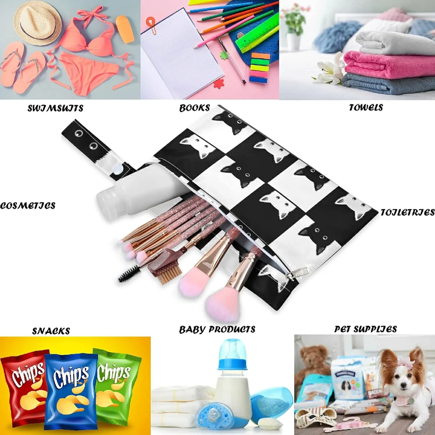 visesunny Funny Black White Cat Grid 2Pcs Wet Bag with Zippered Pockets Washable Reusable Roomy Diaper Bag for Travel,Beach,Daycare,Stroller,Diapers,Dirty Gym Clothes,Wet Swimsuits,Toiletries