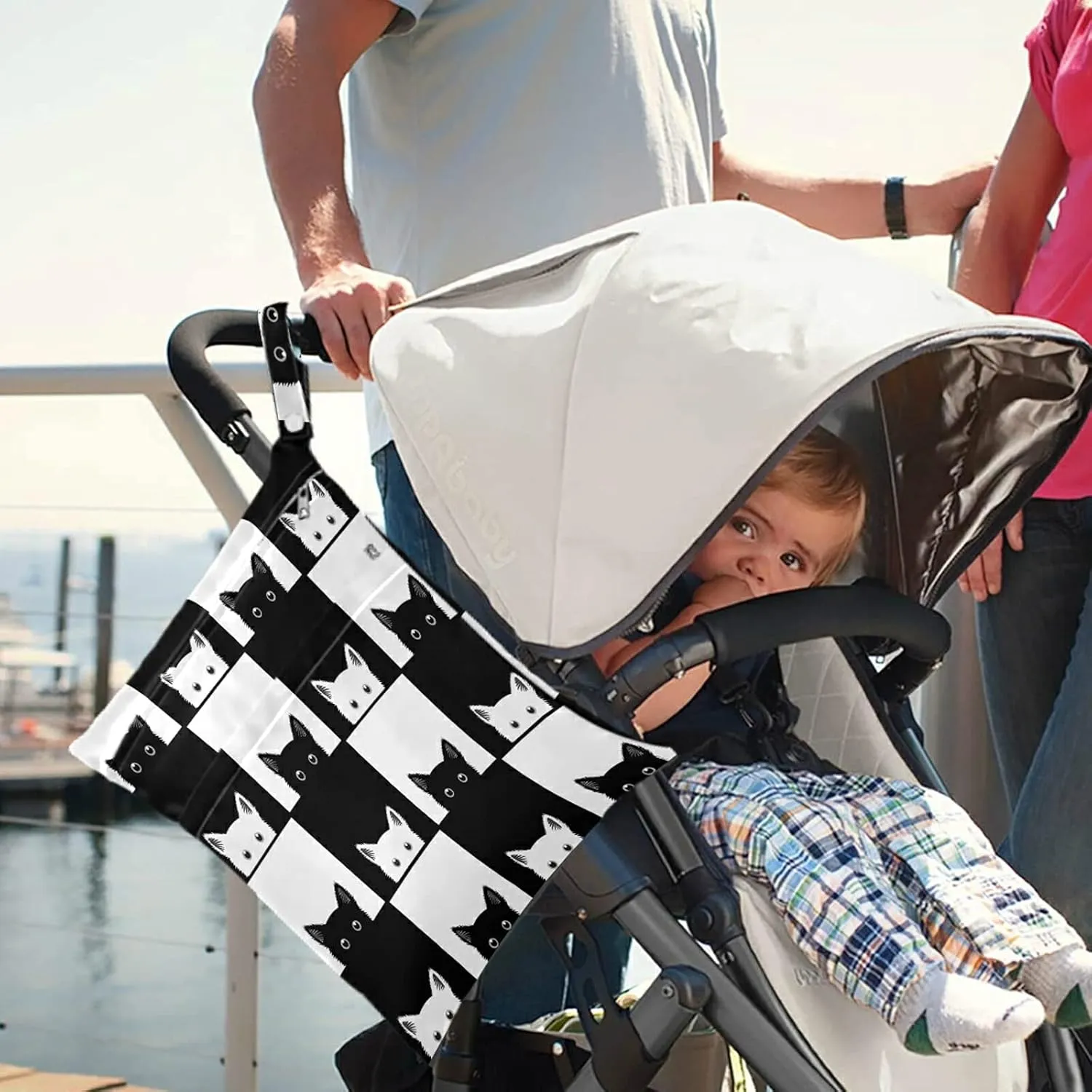 visesunny Funny Black White Cat Grid 2Pcs Wet Bag with Zippered Pockets Washable Reusable Roomy Diaper Bag for Travel,Beach,Daycare,Stroller,Diapers,Dirty Gym Clothes,Wet Swimsuits,Toiletries