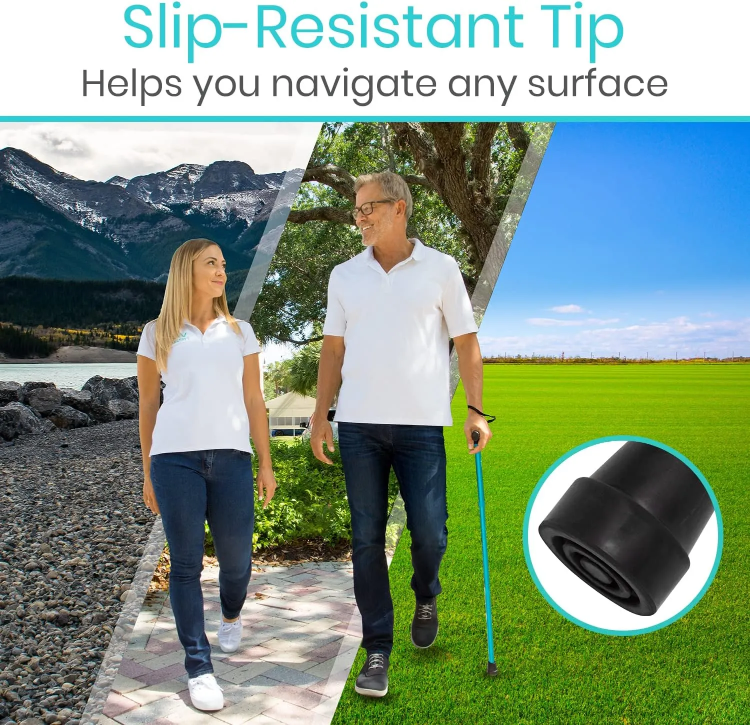 Vive Folding Cane - Foldable Walking Cane for Men, Women - Fold-up, Collapsible, Lightweight, Adjustable, Portable Hand Walking Stick - Balancing Mobility Aid - Sleek, Comfortable T Handles (Teal)