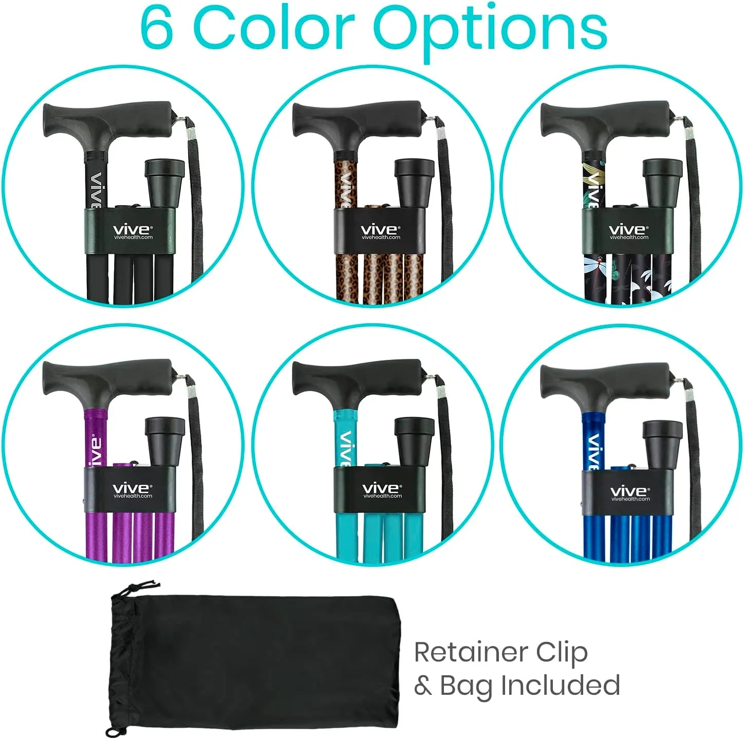 Vive Folding Cane - Foldable Walking Cane for Men, Women - Fold-up, Collapsible, Lightweight, Adjustable, Portable Hand Walking Stick - Balancing Mobility Aid - Sleek, Comfortable T Handles (Teal)