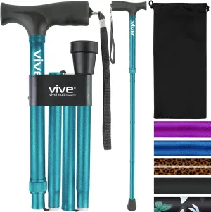 Vive Folding Cane - Foldable Walking Cane for Men, Women - Fold-up, Collapsible, Lightweight, Adjustable, Portable Hand Walking Stick - Balancing Mobility Aid - Sleek, Comfortable T Handles (Teal)
